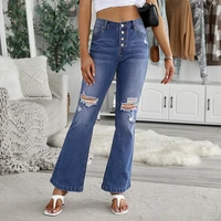 vintage flared pants fashion cowgirl new washed button hole wide leg jeans womens slim ripped leisure light blue denim trousers