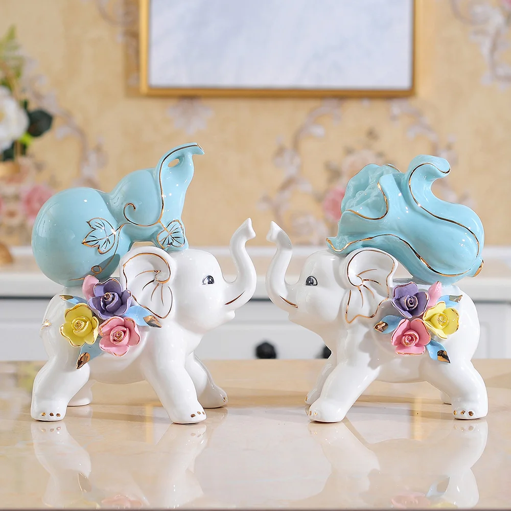 

One Pair Lucky Elephant Statues Handmade Ceramic Animal Figurines Chinese Collectible Souvenir New Home Decor Housewarming Gift