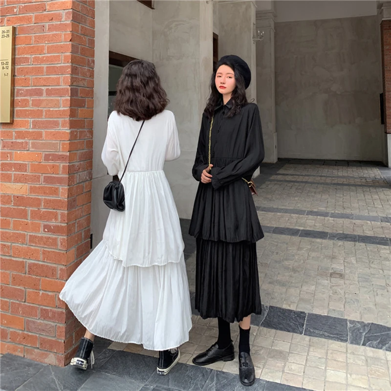 Women Solid Dress Harajuku Pleated Ladies Midi Casual A-Line Chic Fashion High Waist Turn-down Collar Sweet | Женская одежда