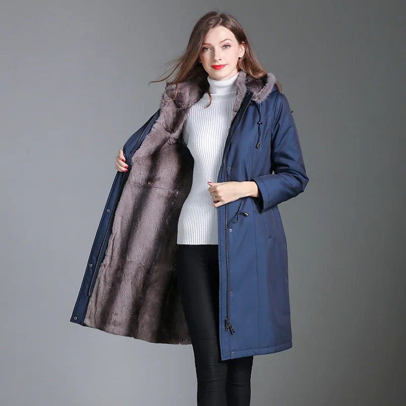 dark blue shorter Высококачественное длинное пальто из натурального меха кролика Рекс, женское теплое Утепленное зимнее пальто, роскошная Меховая куртка по настоящей цене от производителя - Цвет: dark blue shorter