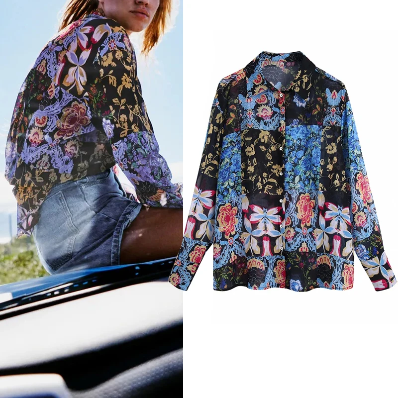 

Женская винтажная рубашка Za, цветочный топ в стиле пэчворк, модная Осенняя блузка с воротником на пуговицах и длинным рукавом, 2021