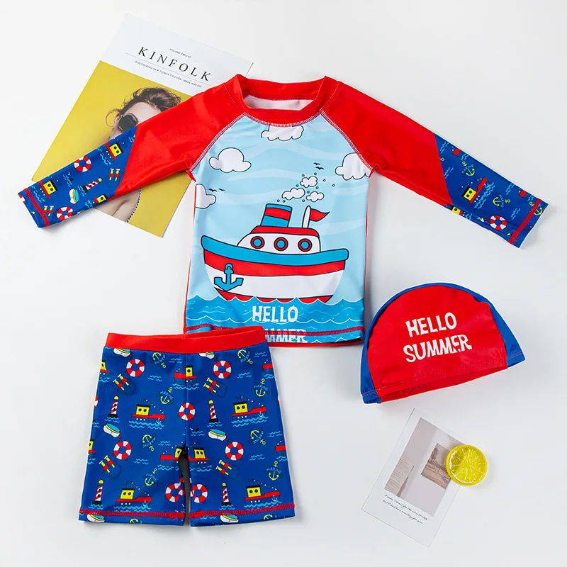 Kids Swimsuit Cartoon Print Children's Swimwear Boys UPF50 Short Long Sleeve Toddler Boy Swimming Wear 3 pcs Bathing Suit Child