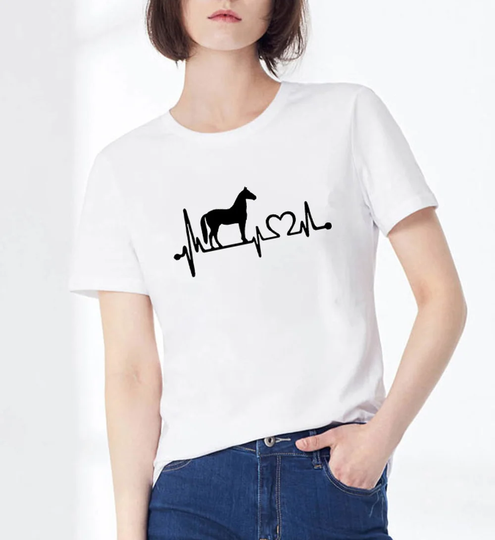 

Horse Heartbeat Line Print Women T-shirt Casual Funny Harajuku Graphic Clothes Hipster Tops