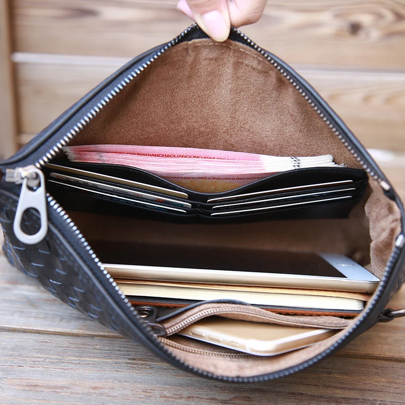 100 cowhide leather mens clutch bag luxury brand woven leather bag fashion design simple envelope bag large capacity 2022 new free global shipping