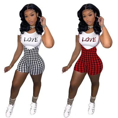 

Spring and summer new fashion women's letter printed T-shirt suspenders sweet plaid shorts two-piece suit