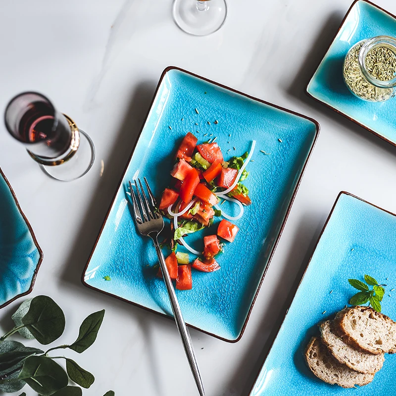 Ice Cracking Glaze Ceramic Tableware Household Dishes Rice Bowls Steamed Fish Porcelain Blue Dinner Plates cutlery set | Дом и сад