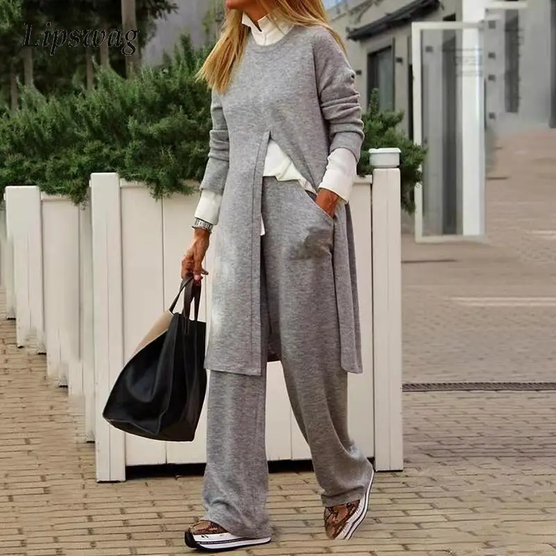 

Женский винтажный комплект из двух предметов, повседневный Длинный свитшот с круглым вырезом и карманами и спортивные брюки, однотонный сп...