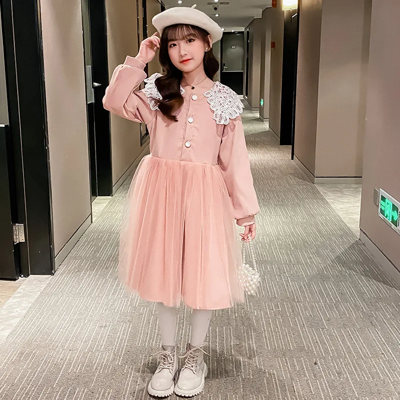 

Velvet Kids Dresses for Girl Peter Pan Collar Girl Dress Winter Long Sleeve Lace Mesh Princess Dress Elegant Children's Clothing