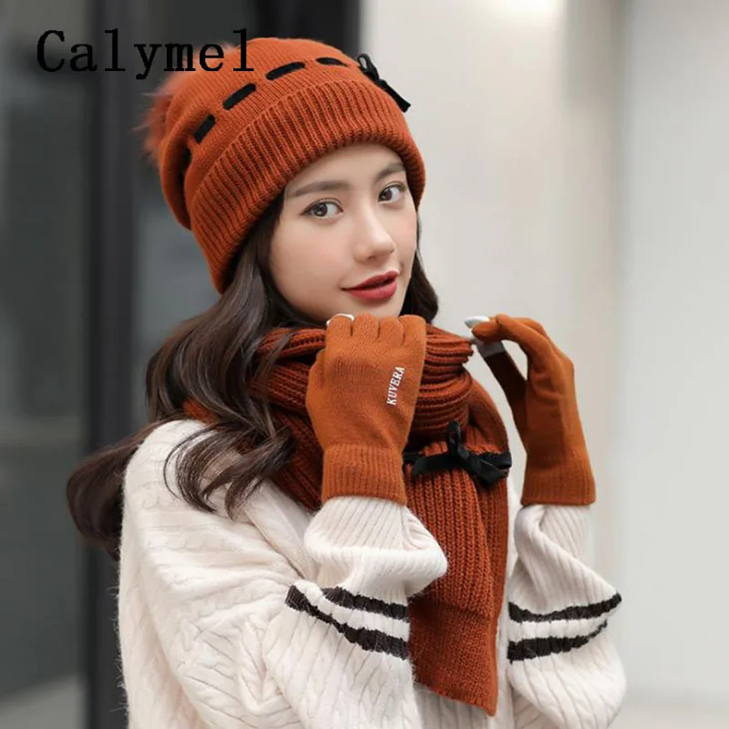 G68 Caramel Calymel Новая Зимняя шерстяная шапка шарф перчатки набор женская вязаная шерстяная шапка шарф плюс бархат толстый теплый для улицы - Цвет: G68 Caramel