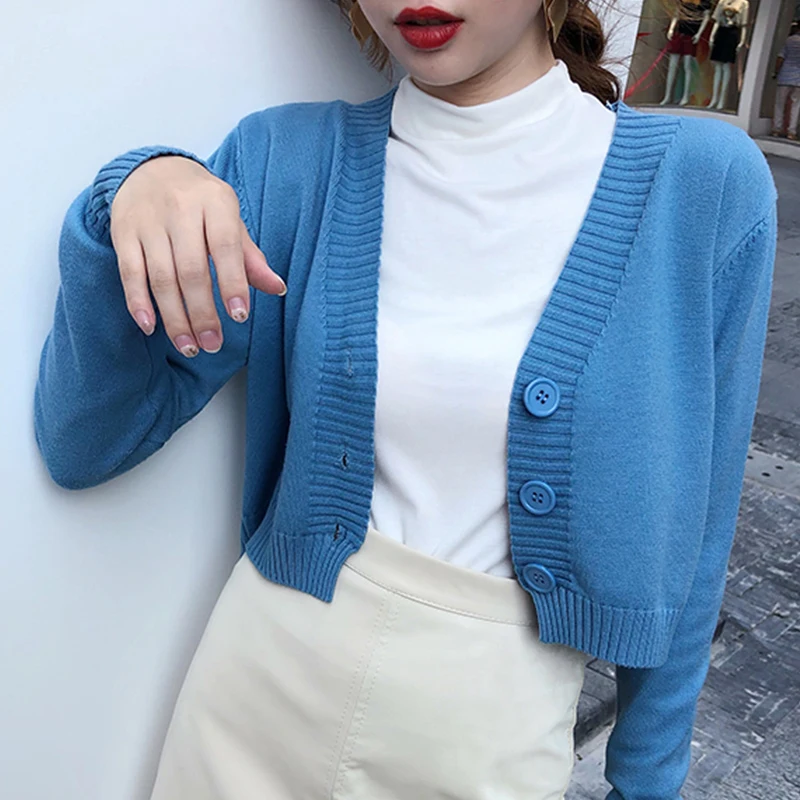 

Укороченный вязаный кардиган, короткий женский корейский мини-свитер с V-образным вырезом в стиле интернет-знаменитостей, Свободный Топ с д...