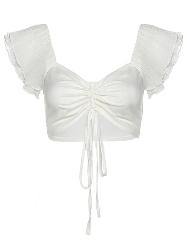 

Summer Women's Sexy Ruffles Fly Sleeve Crop Tops Women Solid Color V-Neck Lace-up Bandeau Tops Chic Female Show Belly T-Shirt
