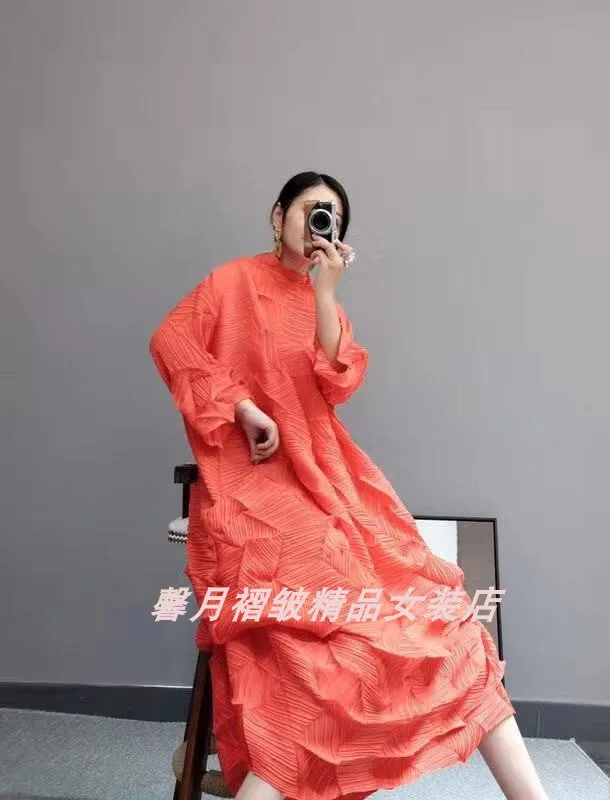 Горячая Miyake модное платье со складками со стразами, однотонное Свободное длинное платье со стоячим воротником