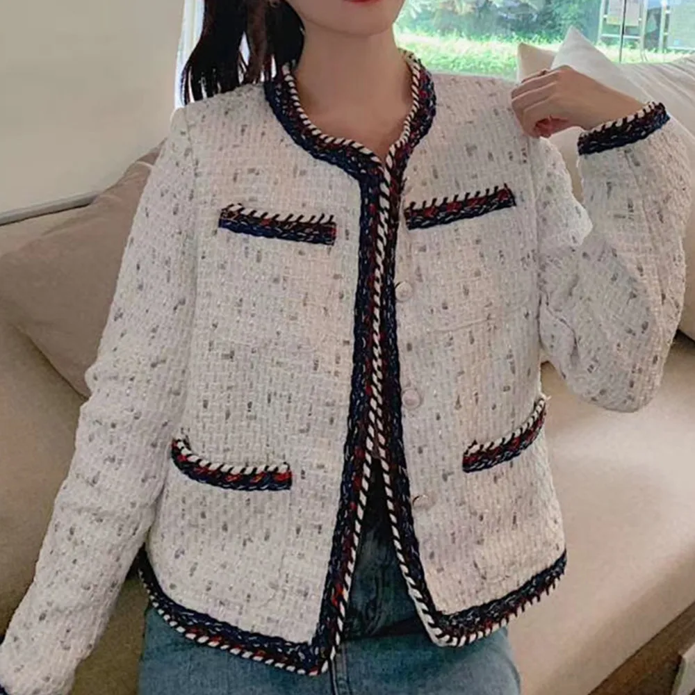 Женское твидовое пальто Короткие однобортные клетчатые куртки из люрекса с