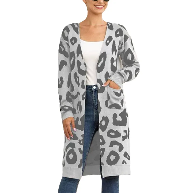 

Women's Knitted Jacket Autumn Spring Casual Long-sleeved Cardigan Personality Leopard Printed Jacquard V-neck Mid-length Coat