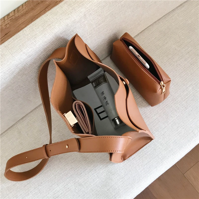 

Burminsa Korean Style Wide Strap Shoulder Bags For Women Retro Bucket 2 Sets Work Bags High Quality Soft Crossbody Bag 2020 Fall
