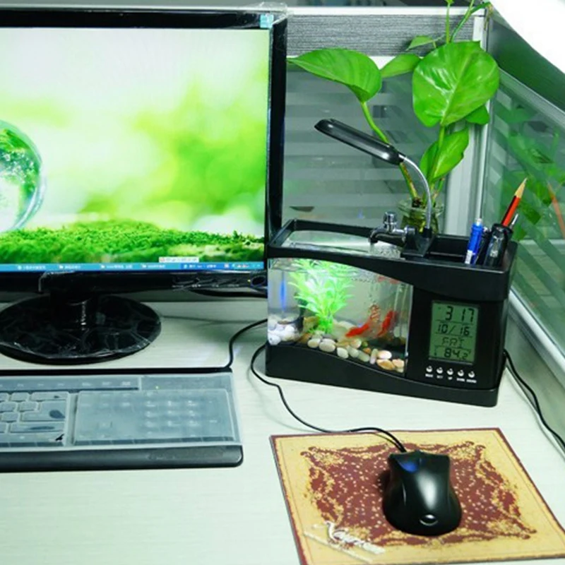 

USB Desktop Mini Aquarium Fish Tank with LED Light LCD Display Screen and Clock Fish Tank Decoration with Pebbles
