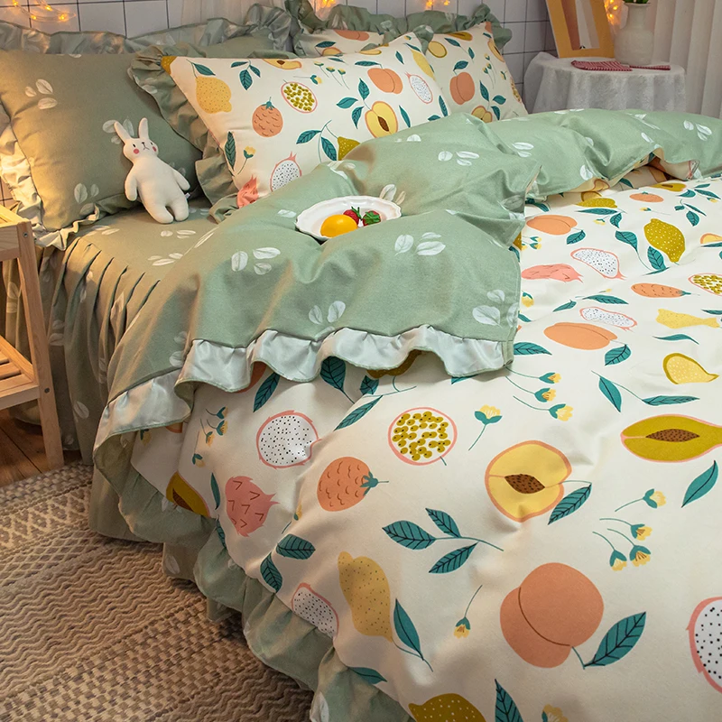 

New Korean bedclothes luxury pears duvet cover Romantic Lace Girls Princess quilts Cover queen full single fruits Bedding Sets
