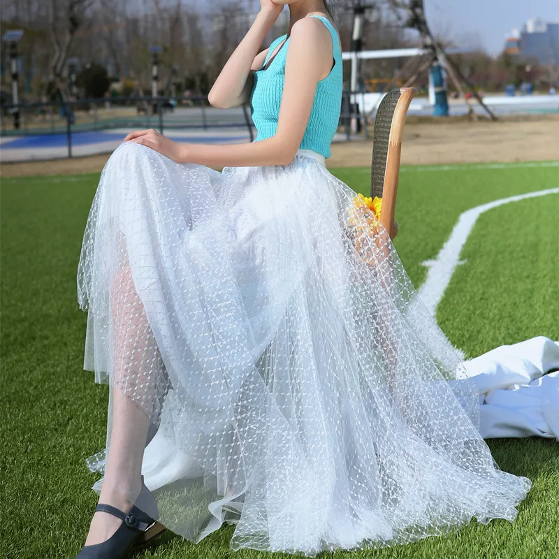 

White highlights mesh skirt women's summer skirt 21 spring new trendy long skirt Polyester Lace Casual A-LINE empire