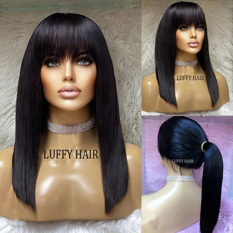 

Jet Black #1 Silk Base Full Lace Human Hair Wigs With Bangs Silky Straight Brazilian Remy Hair Silk Top Full Lace Wig For Women