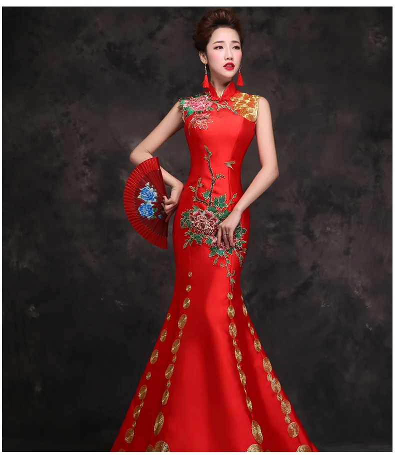 

Dress chinese style Sexy Women Sleeveless Mermaid Qipao Bride Wedding Party Trailing Dress Embroidery Flower Cheongsam