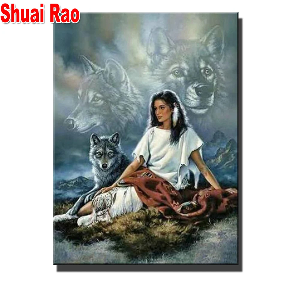 

Алмазная 5d картина с полным заполнением, квадратная круглая вышивка с изображением индийской женщины, волка, полный набор для алмазной выши...