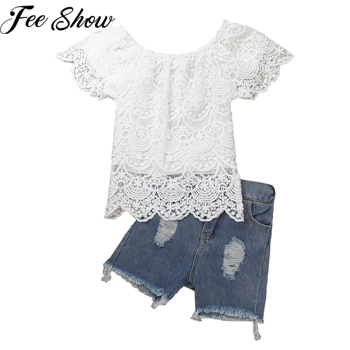 

2Pcs Baby Girl Clothing Set Kid Bebes Girls Toddler Ruffle Off Shoulder Lace T-Shirt Tops Jeans Denim Shorts Outfits Set Clothes