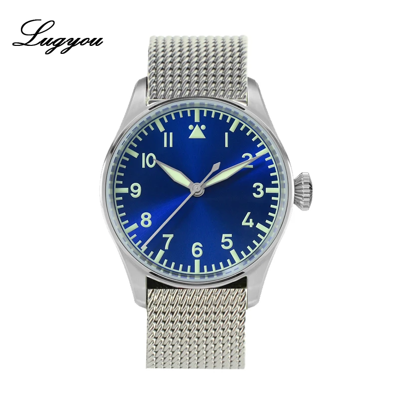 Mesh Blue PT Lugyou Сан Мартин пилот Flieger механические мужские часы из нержавеющей стали супер светящийся сапфировый Кристалл Скелет Задняя Кожа Ремешок - Цвет: Mesh Blue PT