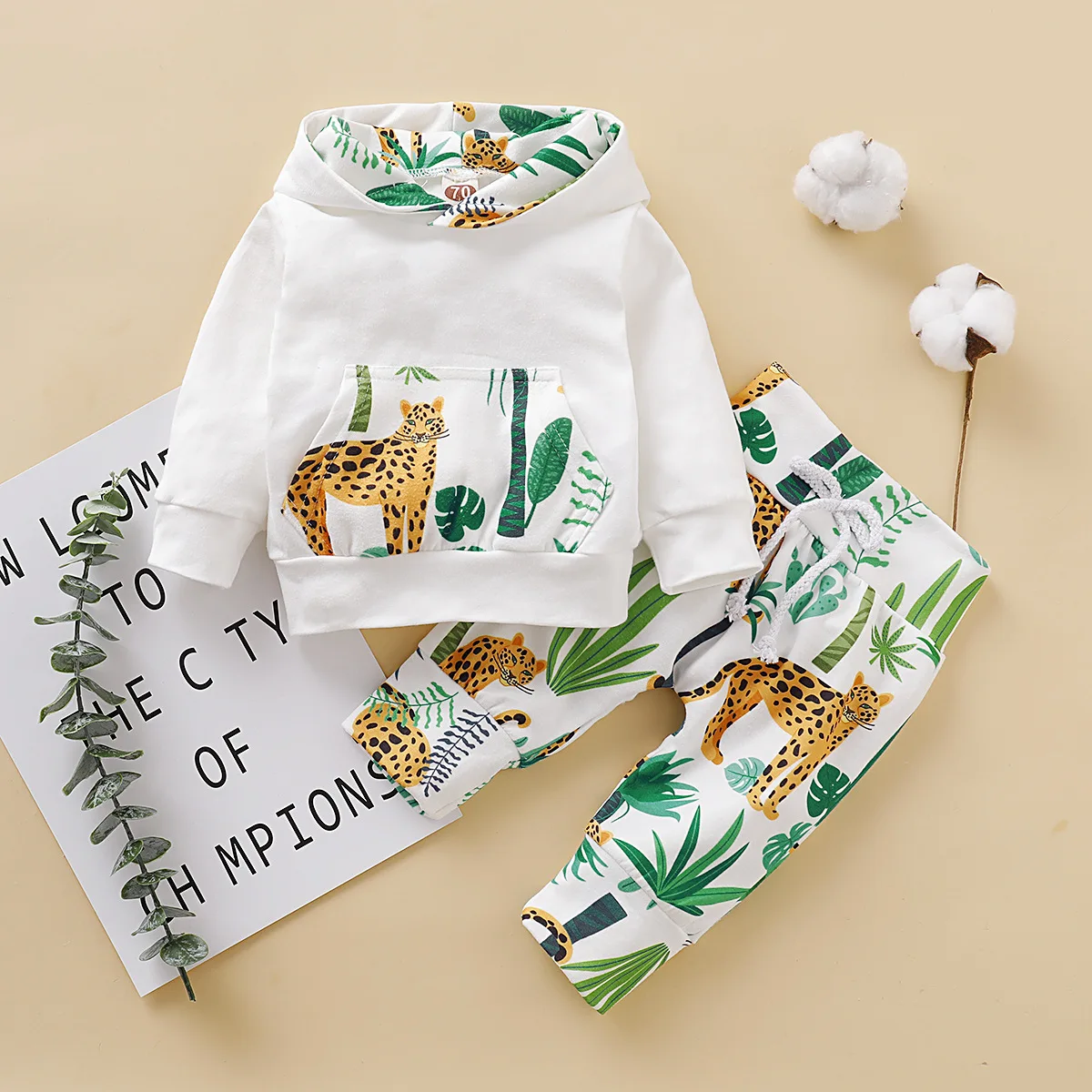 

Children's Clothing Autumn Children's Suit Boys and Girls Cartoon Leopard Print Hooded Sweater Trousers Two-Piece Baby Suit