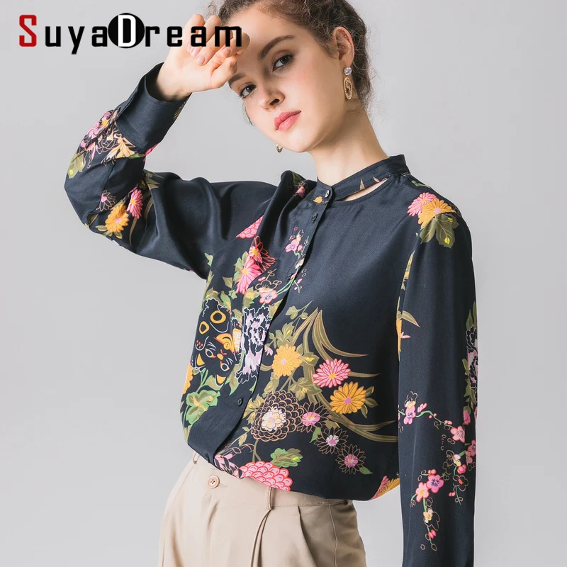 SuyaDream Длинные рукава Для женщин блуза цветочный принт натуральная шелковая подставка воротник Офисные женские туфли блузка рубашка Осенняя рубашка
