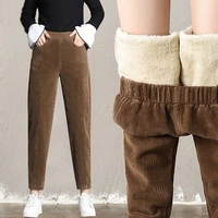 2022 corduroy plus velvet casual pant winter plush thick warm pocket gym workout sport pants female high waist cashmere trousers
