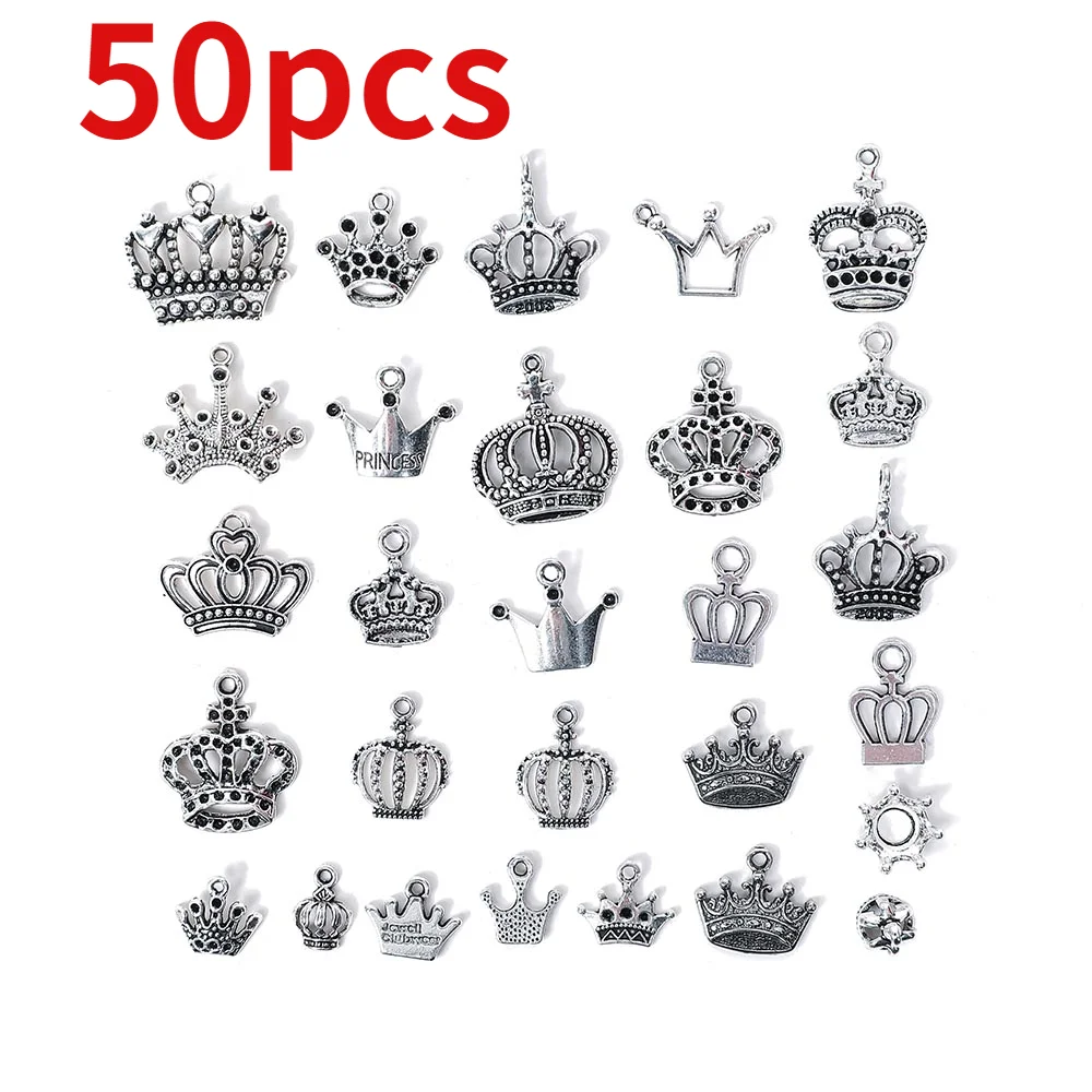 

50pcs Tibetan Silver Mixed Styles Princess Crown Charms Pendants DIY Jewelry For Necklace Bracelet Making Accessories