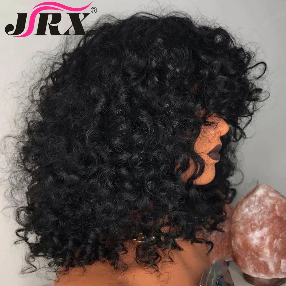 Short Bob Curly Full Machine Made Human Hair Wigs 200 Density 1B Black Color Brazilian Loose Curly Wigs With Bangs For Women