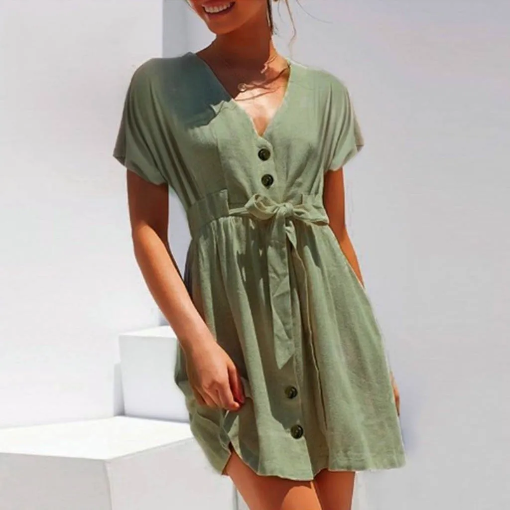 Женское однобортное платье SAGACE повседневное однотонное мини с коротким рукавом