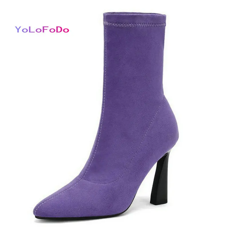 

Purple Blue Apricot Women Ankle Boots Fashion Pointed Toe Thin High Heel Ladies Stretch Boots Faux Suede High Quality Boots 2021