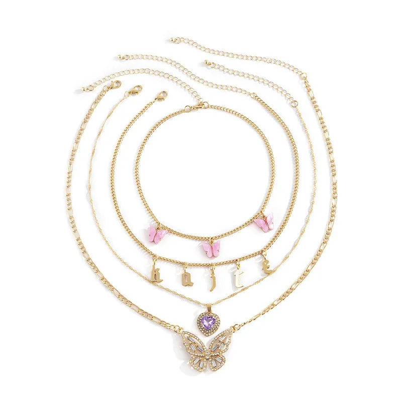 

TIMEONLY Statement Multi Layering Pink Butterfly Letter Purple Heart Crystal Pendant Necklace Shinning Rhinestone for Women