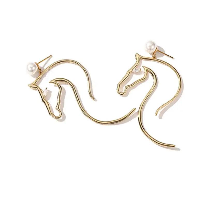 

Abstract Horse Head Imitation Pearl Earrings Women Gold Filled Elegant Creative Statement Earrings Fashion Jewelry