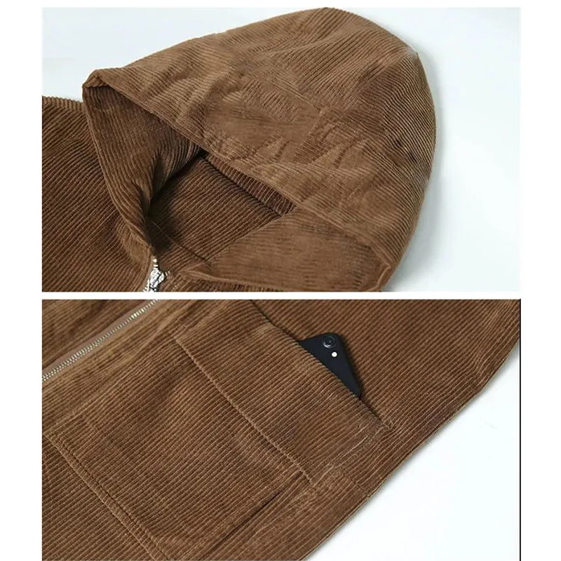 

2020 Autumn Women Corduroy Coat Large Size Loose Hooded Windbreaker Casual Middle-aged Female Trench Coat And Lining L-5XL Y560