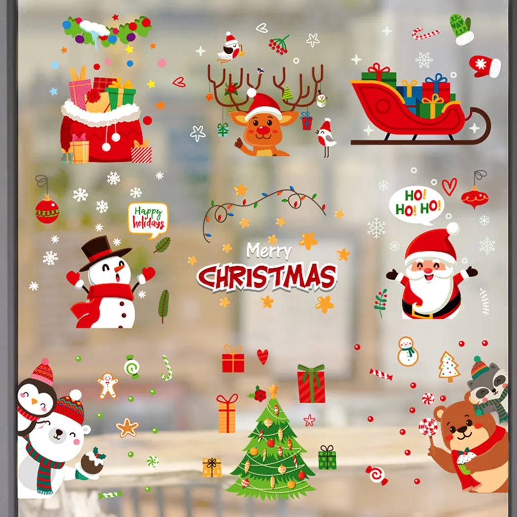 

9Pcs Merry Christmas Wall Stickers Santa Snowman Elk Store Windows Decal For 2022 New Year Xmas Wallpaper Home Decoration Murals