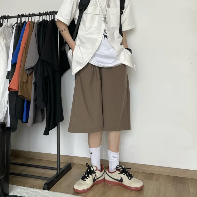 

Summer Solid Color Shorts Men Korean Fashion Loose Casual Shorts Men Harajuku Streetwear Wide-leg Straight Five-point Pants Men