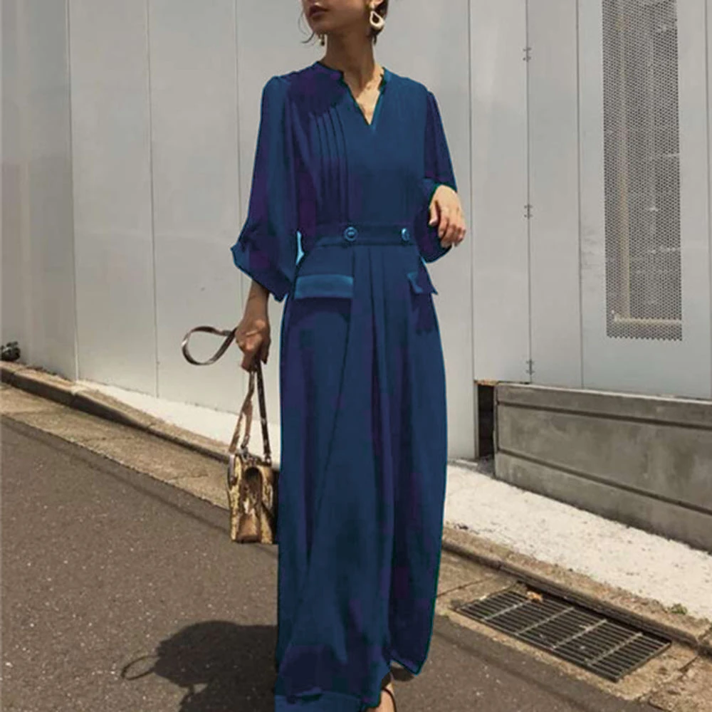 Синее платье женское элегантное офисное тонкое шифоновое макси 2019 осеннее