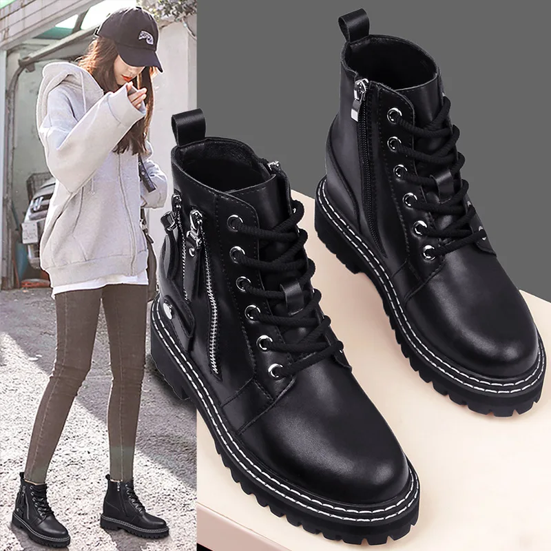 Зимняя женская обувь Повседневные короткие ботинки черного цвета Кожаные из