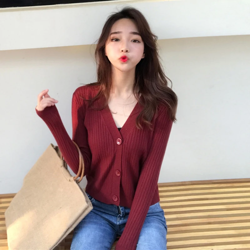 Retro Casual Wild Sweet Elegant Autumn New Hong Kong Style V-neck Solid Color Short Button Knit Cardigan Sweater |