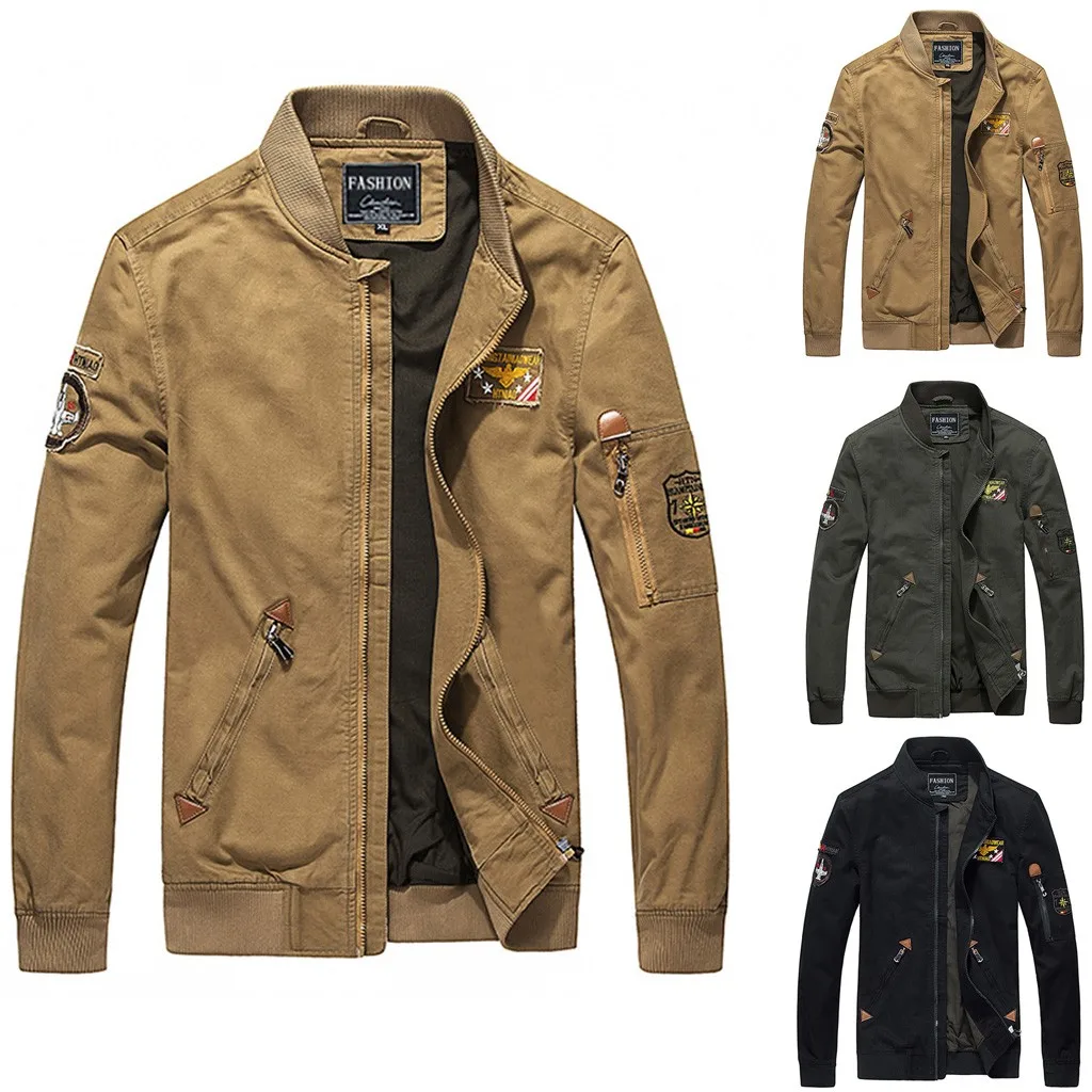 

Vogue Men Thicken Long Sleeve Flying Jacket Zip Jacket Windproof Long Sleeve Round Neck Pocket Simple Solid Color Fashion Wild