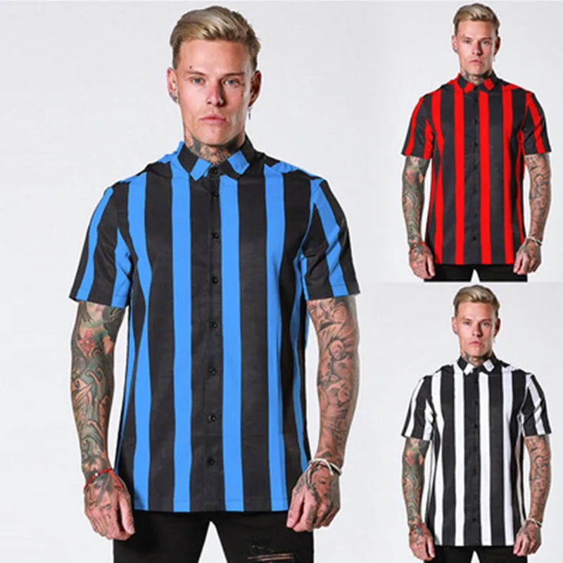 

Men's vertical striped shirt trend casual men's short-sleeved lapel polo shirts male tops