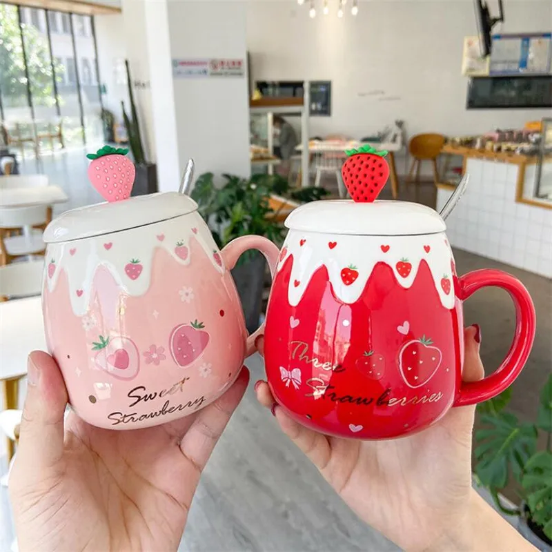 500 мл милые Керамика кружка с крышкой Ложка творческая большая емкость клубника