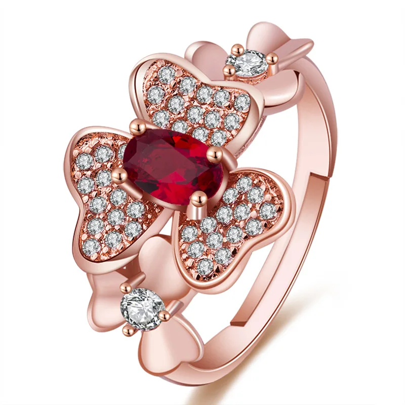 

Rose Gold Red Crystal Flower Ring Fashion Elegant Lady Romantic Birthday Gift
