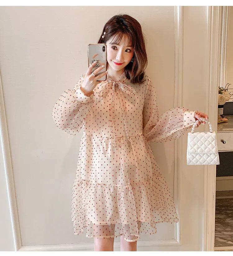 

2020 Chiffon summer Spring Long-sleeve o-neck fashion print loose pregnant women dress plus size maternity high waist mini dress