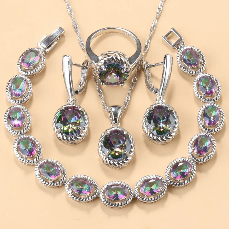 

925 Sterling Silver Fine Jewelry For Women Set Chains And Earrings Rainbow Zircon Bracelet Ring Bridal Wedding Costume