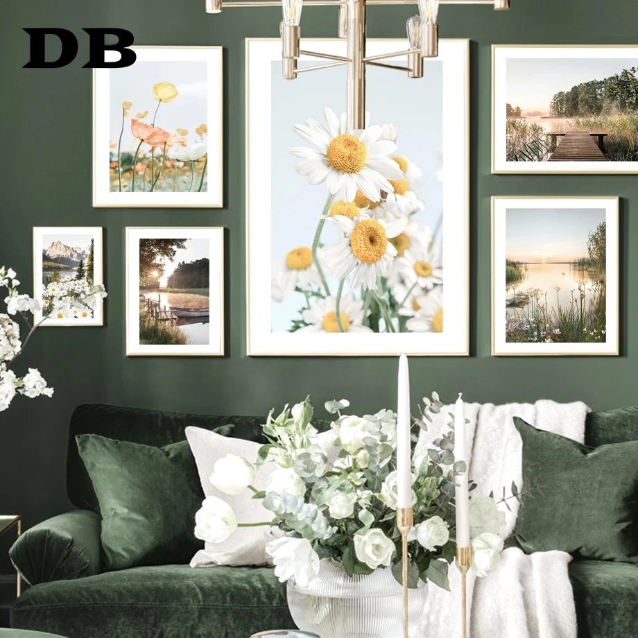 

Daisy Poppy Flowers Sunrise Pier Summer Dawn Nordic Poster Wall Art Prints Canvas Painting Wall Pictures For Living Room Decor