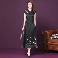 summer 2021 vintage women two piece tshirt skirts suit v neck elastic waist straight floral embroidery plus size 5xl for mum